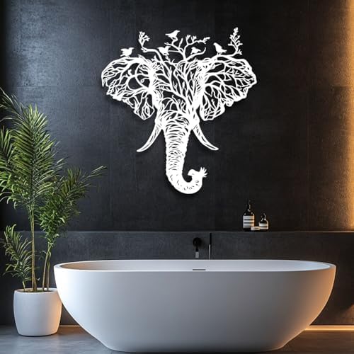 Flewfar Elephant Head Metal Wall Art Birds And Tree Hanging Decoration White 19x19 Inch Unframed