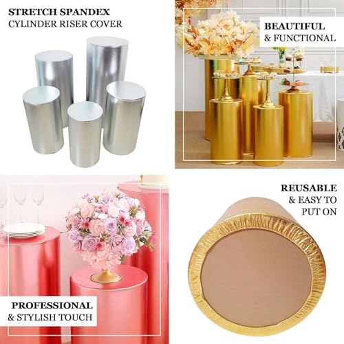 Efavormart Set of 5 Metallic Silver Spandex Cylinder Stand Covers