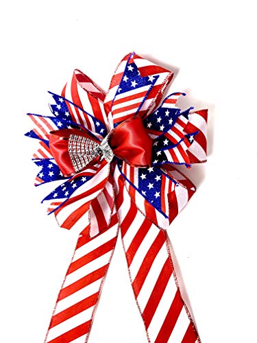 Patriotic Christmas Wreath Bow Red White Blue Door Welcome Bow Stars and Stripes Decor