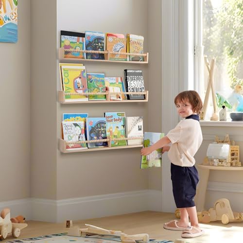 Birola Floating Book Shelves Set of 3 for Kids Room Natural