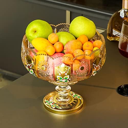 G Crystal Glass Fruit Bowl with Gold Accents and Floral Design