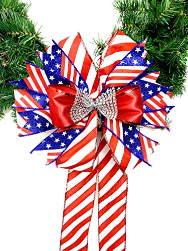Patriotic Christmas Wreath Bow Red White Blue Door Welcome Bow Stars and Stripes Decor