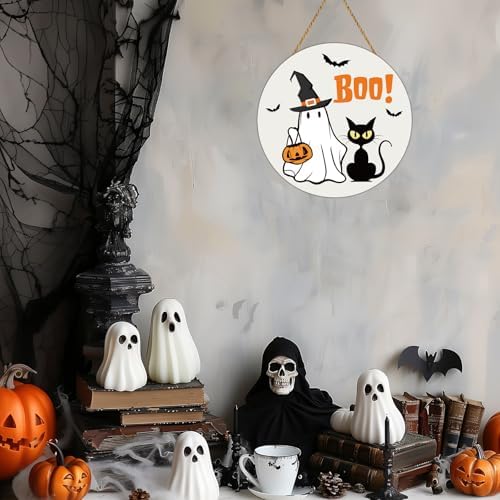 Halloween Door Wreath Cute Ghost Black Cat Front Door Decor