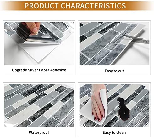 DEWOO 3D Self Adhesive Wall Tiles Marble Gray 10-Sheet 12x12