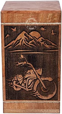 Biker Wooden Urn with Mountain Rising Sun Design - Handmade Hardwood Cremation Urn for Burial and Memorial