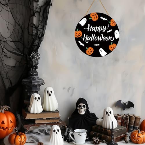 Cute Halloween Wreath with Ghosts Pumpkins Bats Hanging Sign