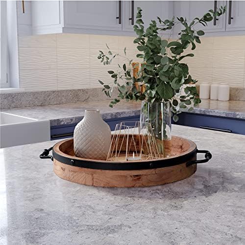 Round Coffee Table Tray with Metal Handles