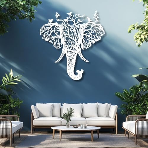 Flewfar Elephant Head Metal Wall Art Birds And Tree Hanging Decoration White 19x19 Inch Unframed