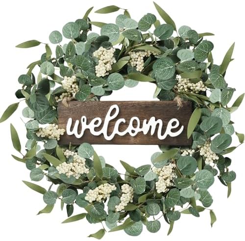 Sggvecsy Green Eucalyptus Wreath with Welcome Sign 20in Decor