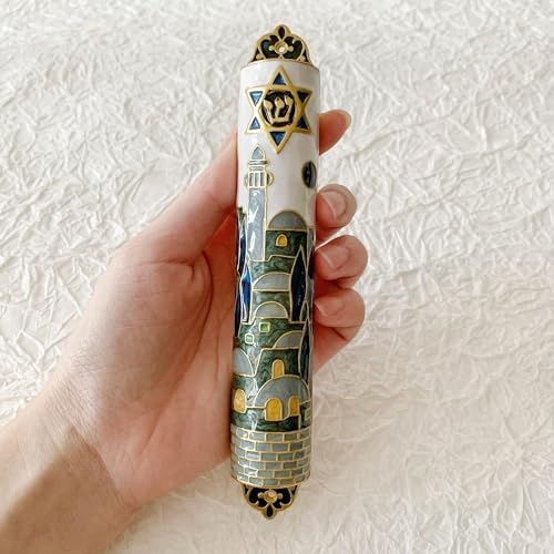 Hand Painted Mezuzah with Star of David and Jerusalem Motifs