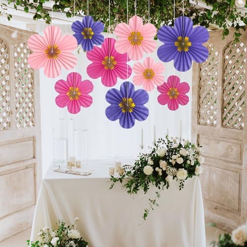 9 PCS Pink Purple Hanging Paper Fans for Decor
