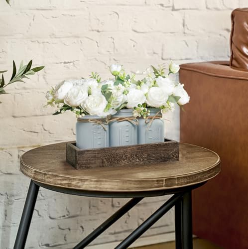 Mkono Decorative Wood Tray With 3 Painted Jars And Artificial Flowers