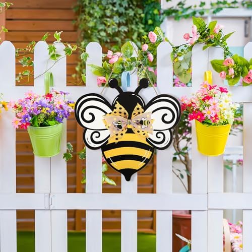 Bee Wooden Wreath Front Door Welcome Sign with Bow Ribbon