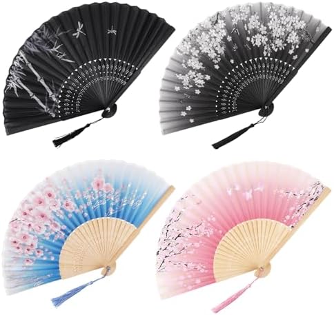 4 Pack Decorative Silk Bamboo Fans with Flower Patterns for Line Dancing and Home Decor