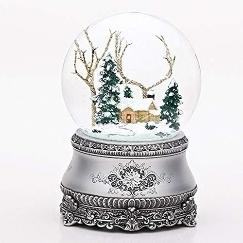 Roman 55 Inch Cottage with Tree Glitter Silver Base 100mm Dome Plays Ill Be Home for Christmas