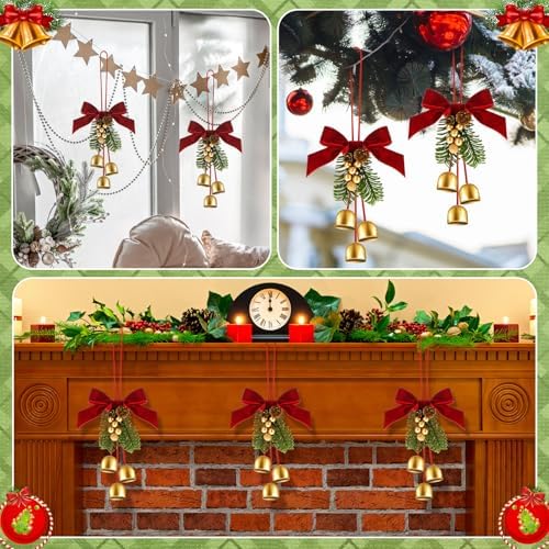 2 Pcs Christmas Wreath Bows with Jingle Bells and Pinecone Tree Topper Decor