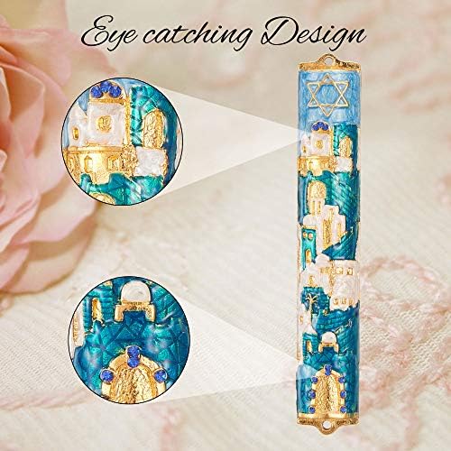 Matashi Jerusalem Cityscape Mezuzah with Gold Accents and Star of David Crystals