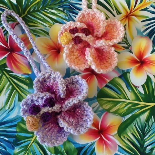 Hibiscus Flower Car Hanging Ornament Crochet Hawaiian Decor for Rearview Mirror