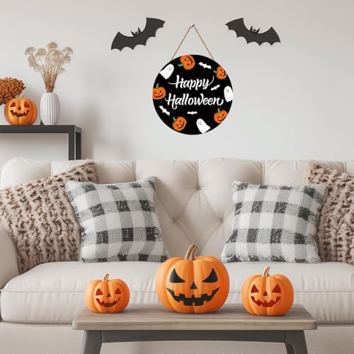 Cute Halloween Wreath with Ghosts Pumpkins Bats Hanging Sign
