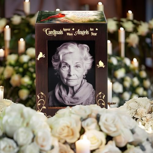 Wooden Cremation Urn with Photo Frame for Adult Ashes Cardinal Design