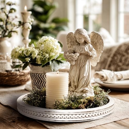 CEDARLUX Wooden Round Decorative Tray - Modern Farmhouse White Coffee Table Serving Tray