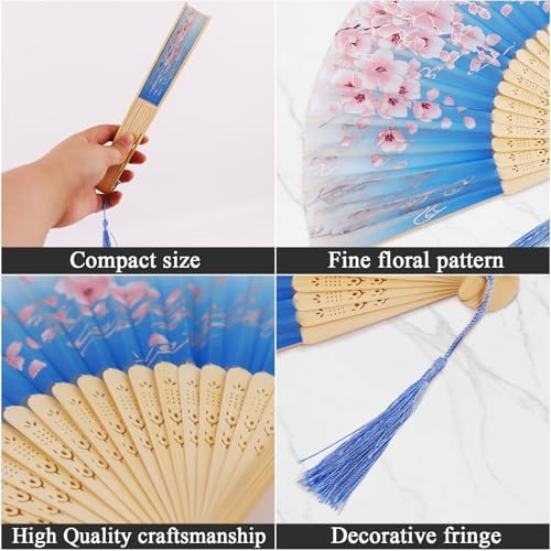 4 Pack Decorative Silk Bamboo Fans with Flower Patterns for Line Dancing and Home Decor