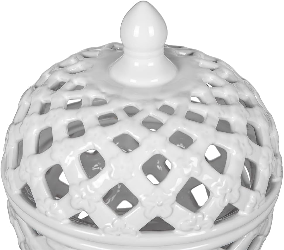 Ceramic Lidded Jar with Lattice Design 95 Inches High
