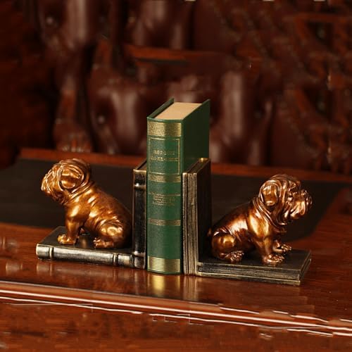 Dwysswyd Bulldog Bookends - Vintage Resin Shelf Guardians with Anti-Slip Base 1
