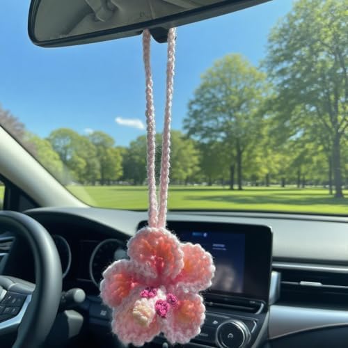 Hibiscus Flower Car Hanging Ornament Crochet Hawaiian Decor for Rearview Mirror