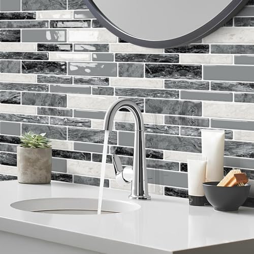 DEWOO 3D Self Adhesive Wall Tiles Marble Gray 10-Sheet 12x12