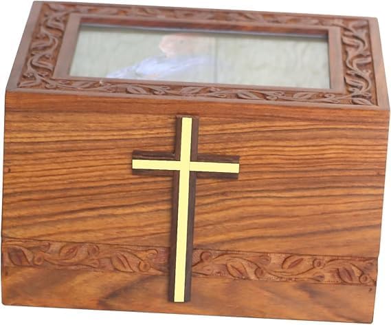 Wooden Urn Box with Brass Cross Handmade Funeral Urns