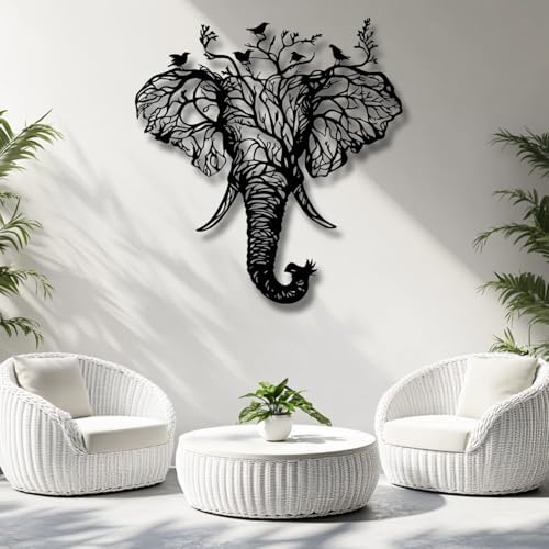 Flewfar Elephant Head Metal Wall Art Birds And Tree Hanging Decoration White 19x19 Inch Unframed