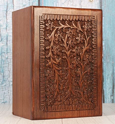 Hand Carved Wooden Urn Box - Cremation Urn for Human Ashes 7x5 Inch