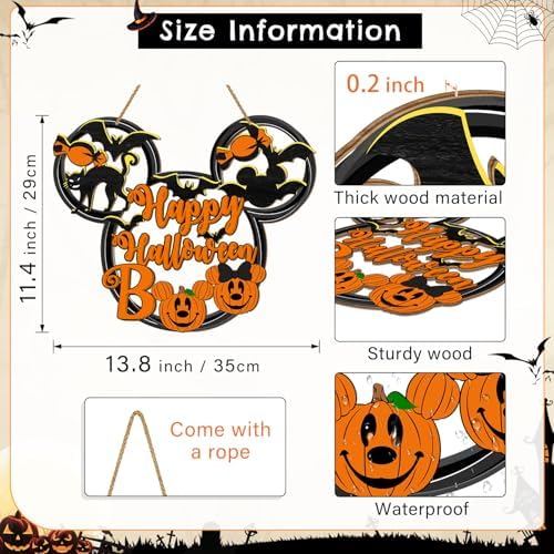 Halloween Mouse Door Sign Decor Spooky Wooden Sign with Black Cat and Bat Design