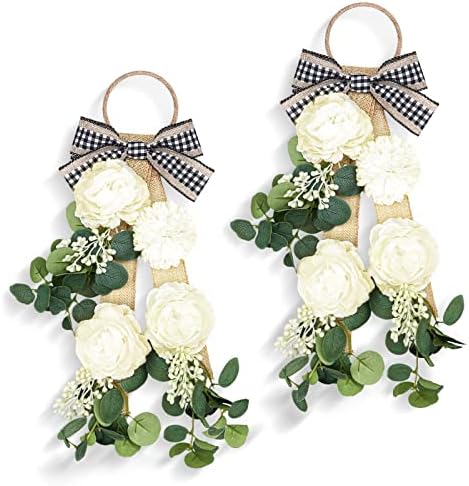 2 Pcs Farmhouse Green Eucalyptus Wreath Artificial Swag for Front Door Accent Decor