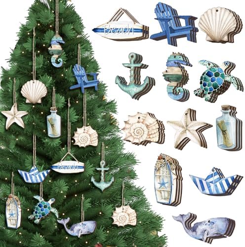 Maitys 36 Pcs Ocean Decor Wooden Hanging Ornaments
