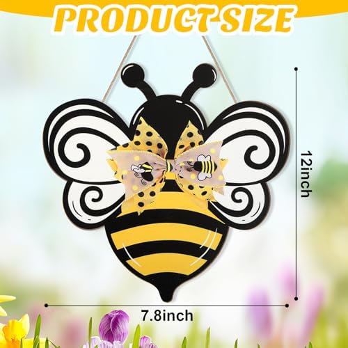 Bee Wooden Wreath Front Door Welcome Sign with Bow Ribbon