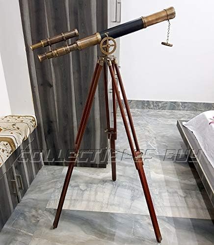 Nautical Black Leather and Brass Double Barrel Telescope with Wooden Tripod Stand