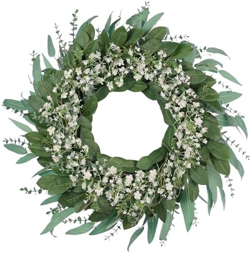 26 Inch Eucalyptus and Babys Breath Wreath for Front Door