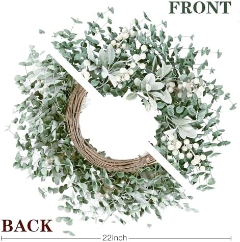 Sggvecsy Artificial Greenery Wreath with White Berries - 22 Inch Flocked Lambs Ear Wall Decor