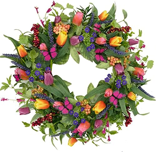 22 Inch Spring Summer Tulip Wreath with Purple Tassels and Ferns for Front Door and Wall Decor