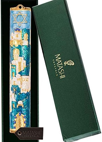 Matashi Jerusalem Cityscape Mezuzah with Gold Accents and Star of David Crystals