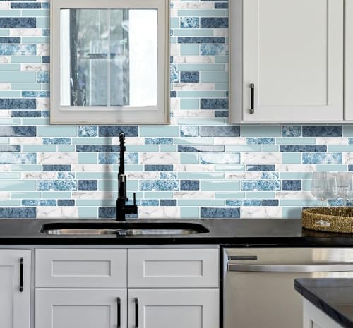 Peel and Stick Marble Tile Stickers 3D Blue 12x12 10-Sheet Backsplash