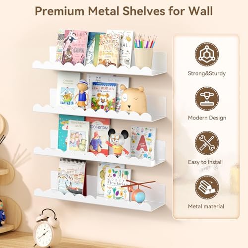 4 Pack White Floating Shelves for Kids Room Wall Decor