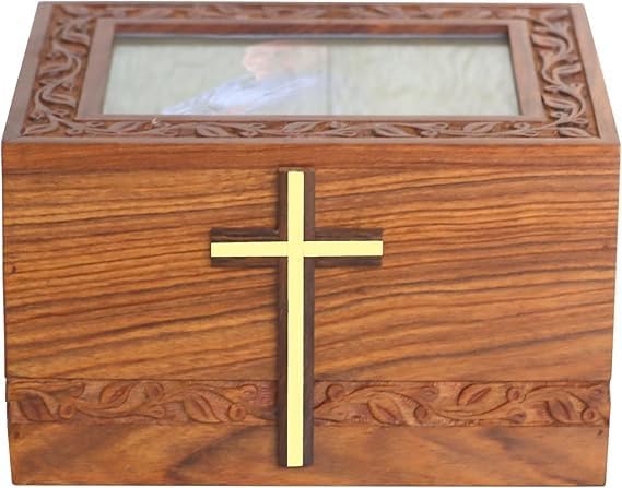 Wooden Urn Box with Brass Cross Handmade Funeral Urns