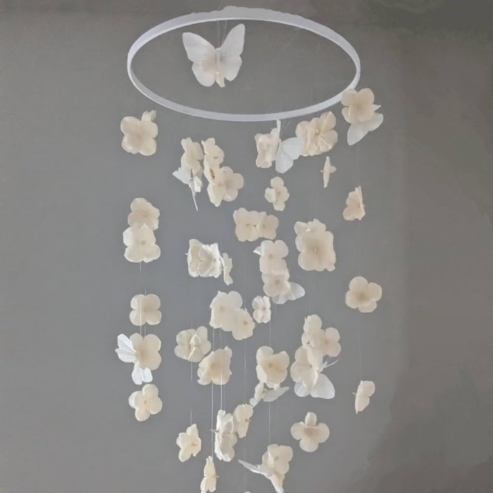 Modern Beige Butterfly Mobile 32 Inch Whimsical Flower Hanging Decor for Home