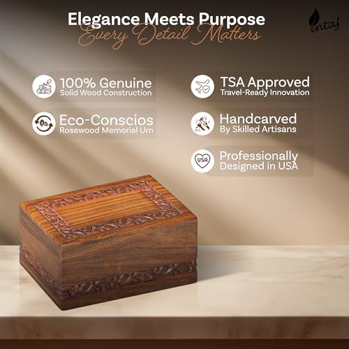 INTAJ Handcarved Rosewood Small Urn for Human Ashes