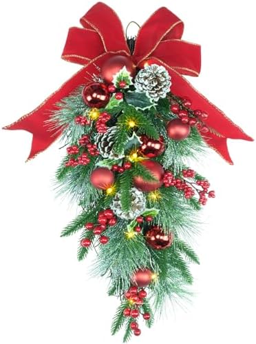 24 Inch Pre-Lit Teardrop Swag with Red Bow and Fairy Lights