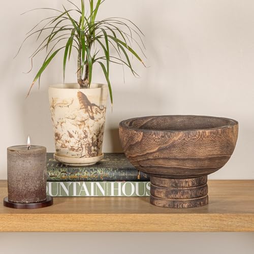 Creative Co-Op Round Paulownia Wood Pedestal Bowl Marbled Brown