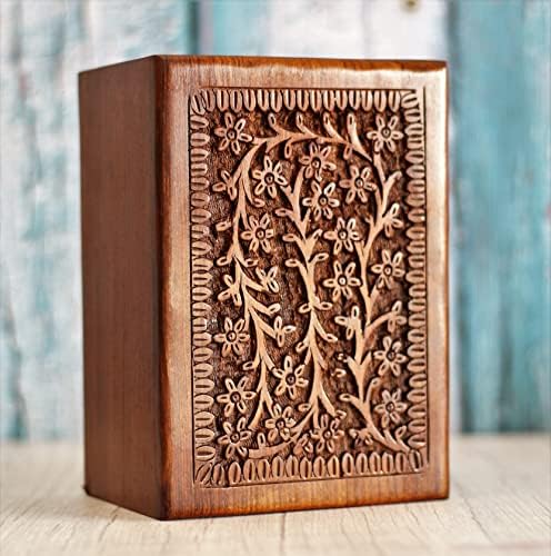 Hand Carved Wooden Urn Box - Cremation Urn for Human Ashes 7x5 Inch